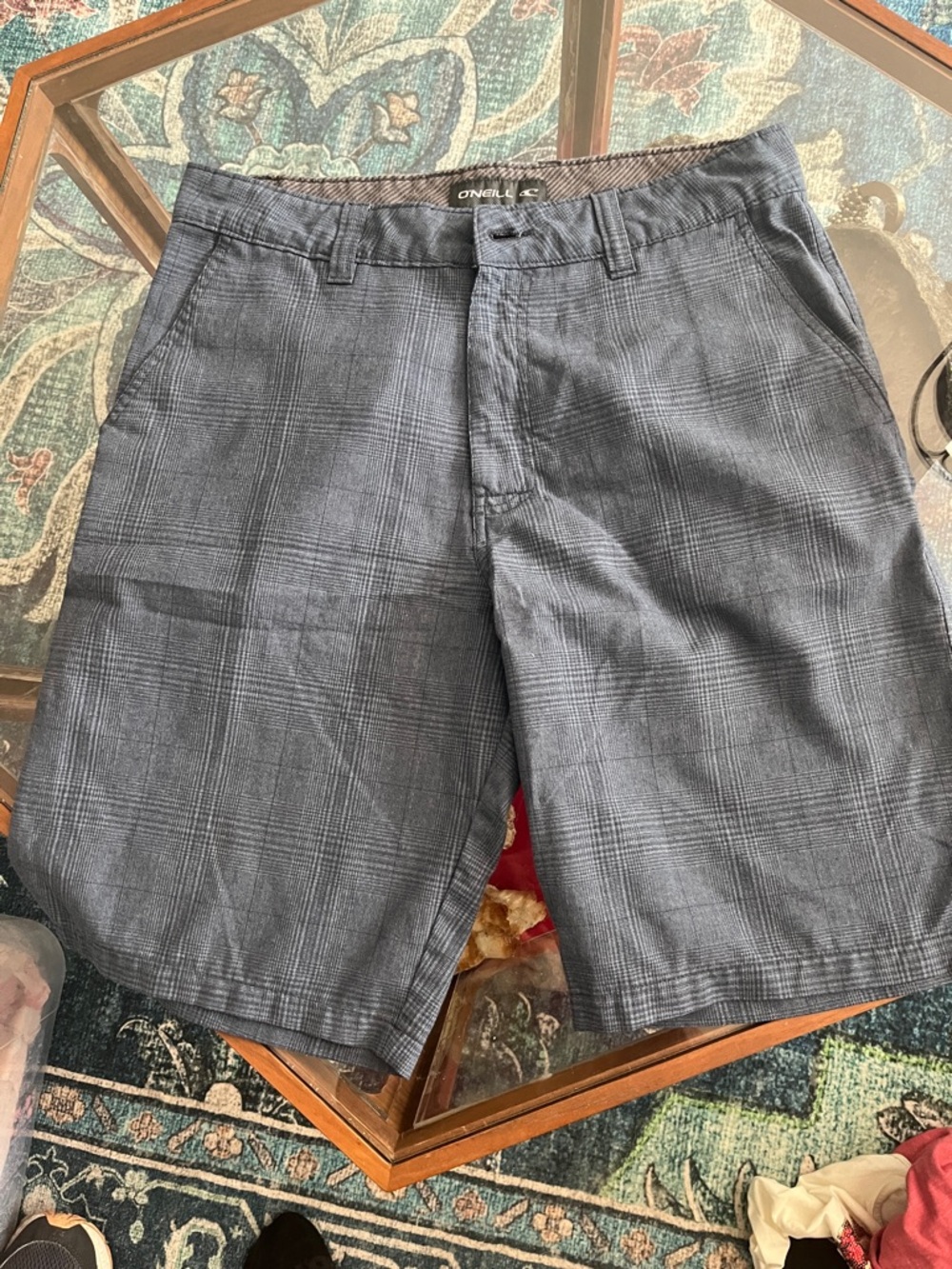 O'Neill Men's Charcoal Plaid Flat Front Shorts